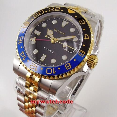 40mm BLIGER Sapphire glass automatic Men GMT Automatic Movement Gold ceramic coating Bezel dress/casual men watch