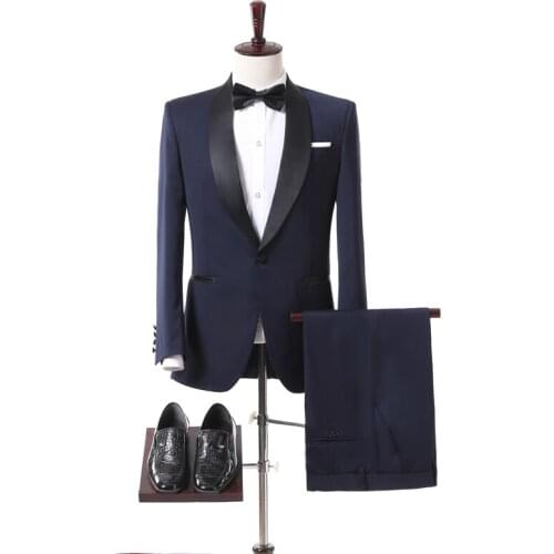 Mens Suits 2 Pieces Navy Blue Tailored Collar One Button Groom Costumes Slim Fit Casual Business Dress Suits Jacket + Pants