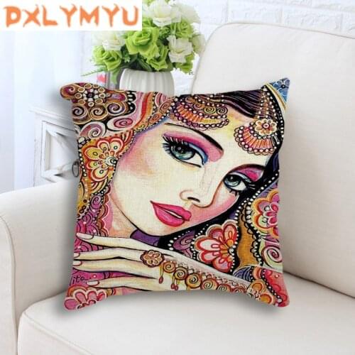 New Beautiful Indian Girl Printed Cushion Linen Cotton Decorative Cushion Home Decor Sofa Throw Pillow For Girls Room Decoration