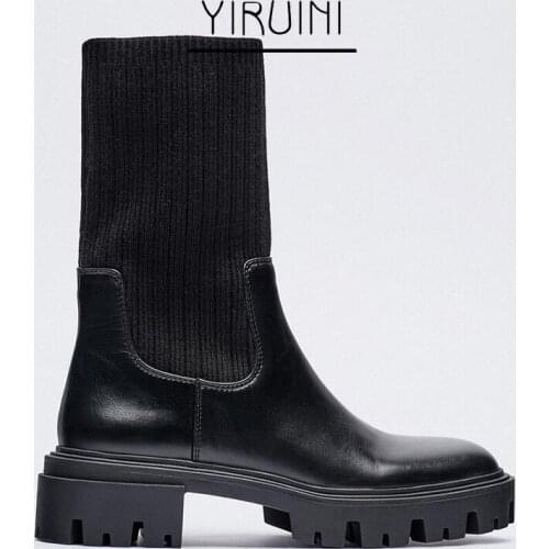 2021 New Martin Boots Womens Thin Thick-heeled Thick-soled Chelsea Boots Black High-heeled Small Boots