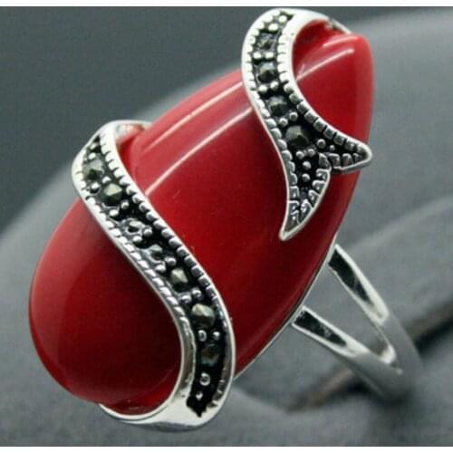 Free Shipping NEW 10X20mm Red Carved Lacquer Marcasite Tibetan Silver Lady Ring 7-10