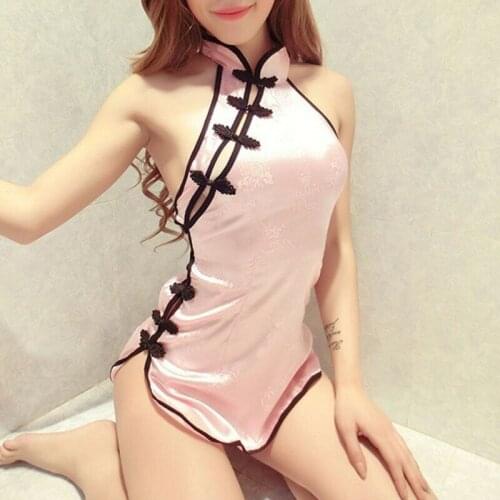 Women New Sexy Lingerie Pink Cute Buckle Underwear Babydoll Cheongsam Satin Lingerie Sexy Hot Erotic Short Nightdress Sleepwear