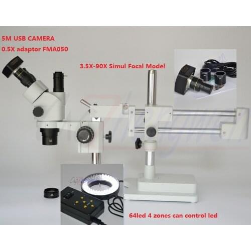 FYSCOPE NEW Microscope 3.5X-90X Simul-Focal Microscope Double Boom Stand Trinocular Stereo Zoom Microscope+5M USB CAMERA