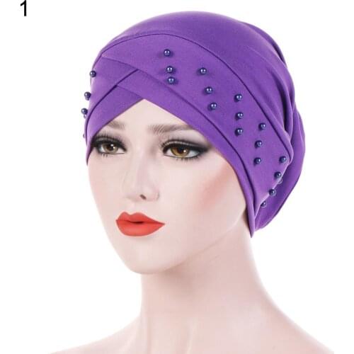 Autumn Winter Women Beads Elastic Turban Hat Muslim Cancer Chemo Cap Hijab Head Wrap Ladies Soft Simple Fashion Headband