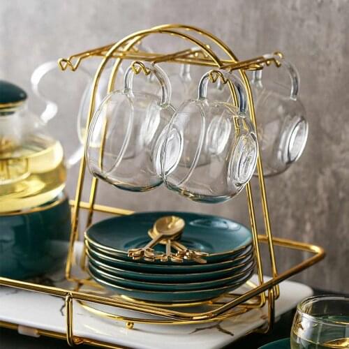 6 Cups Stand Golden Metal Cups Holders Rack Nordic Home Kitchen Tabletop Coffee Mug Holder Drinkware Storage Organizer