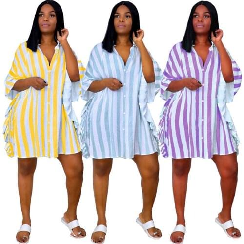 Striped Print Short Sleeve Shirt Mini Dresses Women Cardigan Casual Loose Street Style Sexy Ruffle Beach Party Bodycon