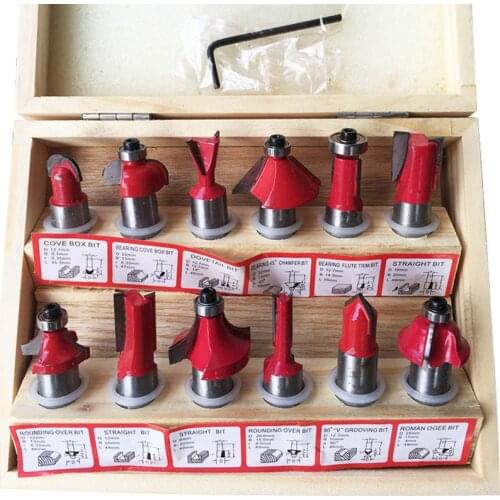 12Pcs/Set 1/4" Professional Shank Tungsten Carbide Router Bit Set Wood Case Tool Kit Milling Cutter Router Bit Set