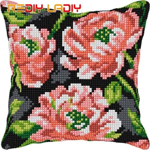 DIY Cross Stitch Cushion Pink Flowers Needlepoint Kits Pre-Printed Canvas Thick Yarn Cross-stitch Pillow Case Arts and Crafts