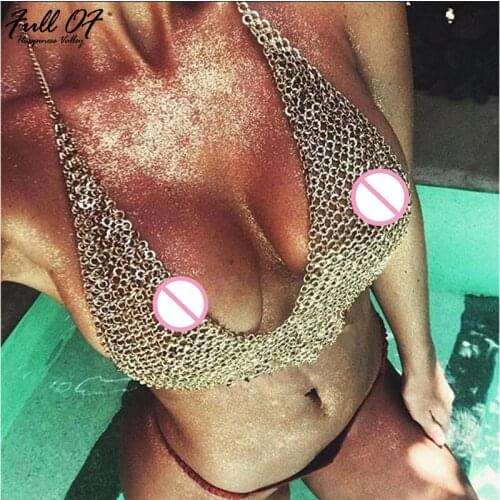 Sexy Women Sparkling Hollow Metal Breast Chain crop Top Summer V neck Halter luxury Nightclub Party Vests Gold Novelty Tops HL