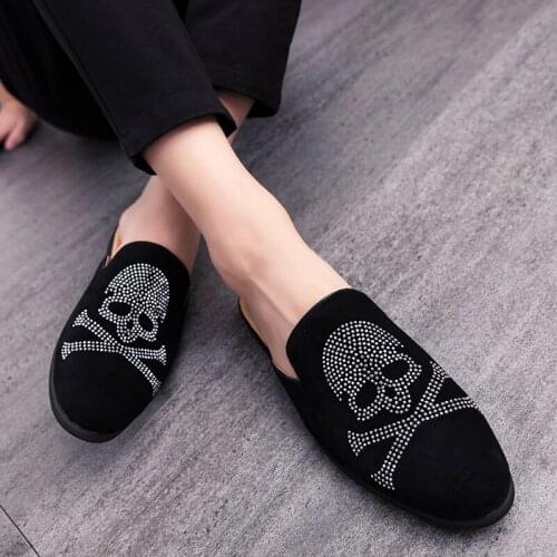 New summer mens fashion slippers party dress casual Rhinestone pointed flat bottom breathable party dress shoes sandals EU38-44