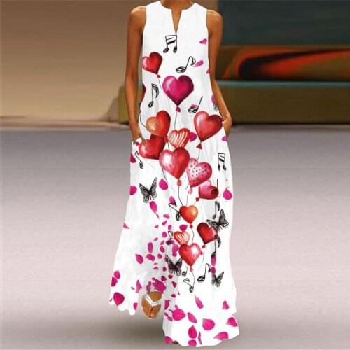 Heart Balloon Print Beach Plus Size Dresses Summer Dress For Women 2021 Sleeveless Vest Tank Floral Long Maxi Dresses Woman