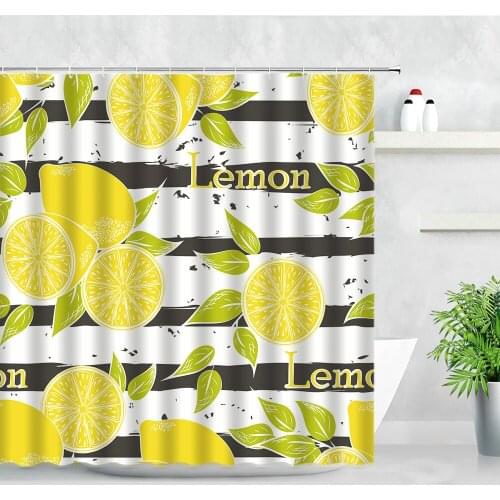 3D Lemon Shower Curtain Set Yellow Fruit Green Leaves Black White Stripes Printing Waterproof Bathroom Decor Hooks Bath Curtains