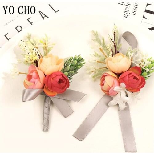 YO CHO Groosmen Boutonniere Flowers Wedding Corsage Pin Groom Boutonniere Silk Rose Wedding Wrist Corsage Bracelet Bridesmaids