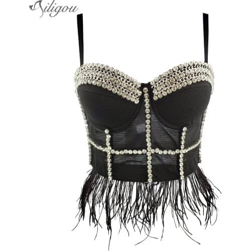 Ailigou Sexy Designer Crystal Diamond Mesh Black And White Feather Cotton Camisole Top 2021 Summer Ladies Fashionable Short Top
