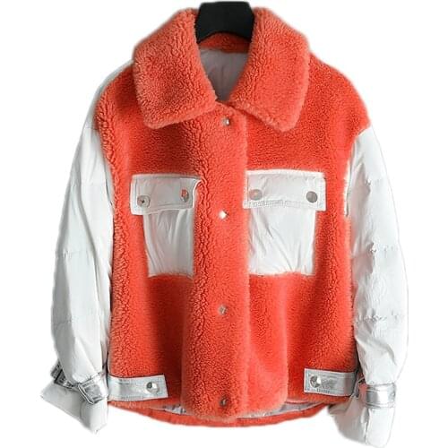 2019 New Womens Faux Fur Coat Orange Wool Coat Sheepskin Shearing Jacket Duck Down Jacket Short Style Winter Coat