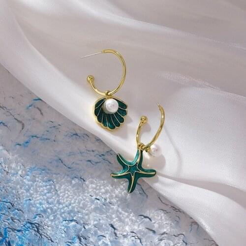 U-Magical Summer Ocean Wind Blue Starfish Shell Imitation Pearl Hook Earrings for Women Asymmetric Metallic Earrings Jewellery