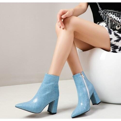 Lady New Stone Pattern Mid Calf Boots Spring Autumn Fashion Pointed Toe Zipper Womens Shoes Winter Square High-Heel Short Boots