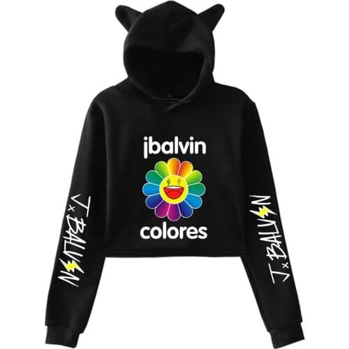 Women Hooded J BALVIN Sweatshirts Girls Cat Ears Cropped Hoodies Sportswear Crop Top Female Harajuku Blouses Reggae Singer Tops