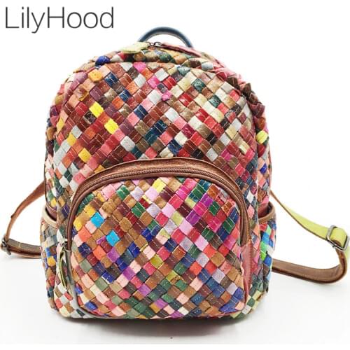 LilyHood Genuine Leather Mini Backpack Female Fashion Casual Elegant Sheepskin Feminine Colorful Patchwork Small Cute Backpack