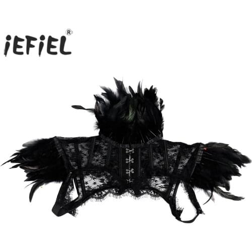 Women Retro Vintage Punk Gothic Feather Collar Shoulder Lace Cape Bolero Jacket Shrug Tops Halloween Night Clubwear Costumes