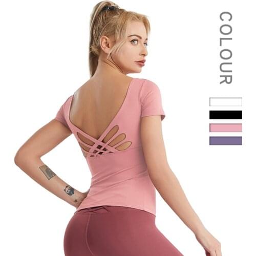 Womens Gym Fitness Suit Back Quick Drying Fitness Top Hollow Tight Short Sleeve Sportswear Summer 2021