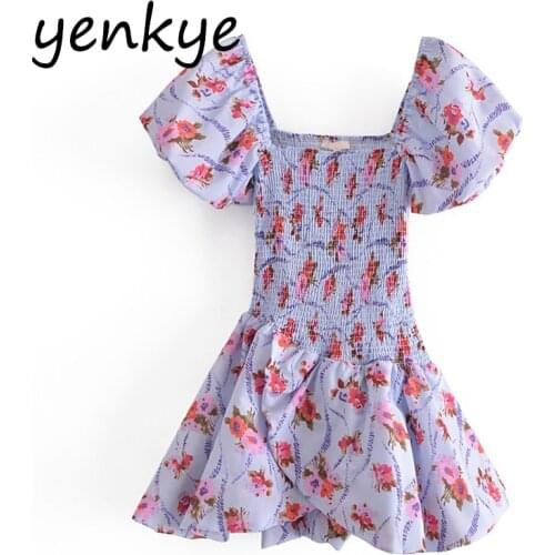 YENKYE Summer Women Sweet Floral Print Cake Princess Dress Sexy Square Neck Puff Sleeve Mini Robe Elegant Ladies Chic Vestido