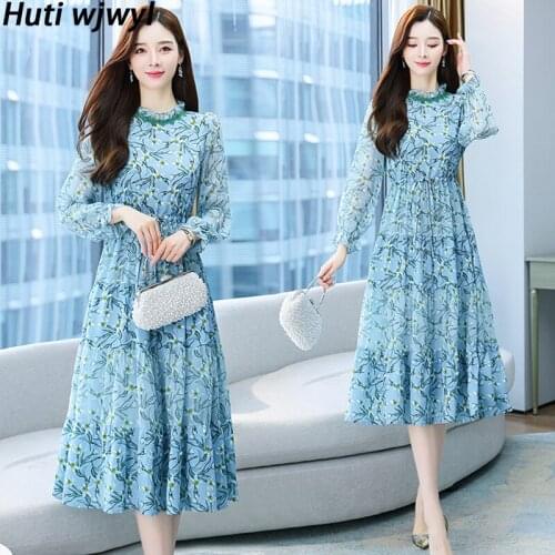 Spring Autumn Floral Chiffon Boho Beach Midi Dresses 2021 Elegant Bodycon Party Vestidos Women Vintage Casual Evening Maxi Dress