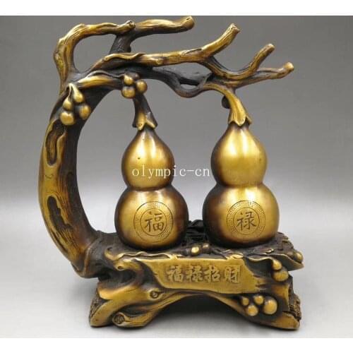 12'' brass copper carvings home fengshui treasure fortune both cucurbit gourd