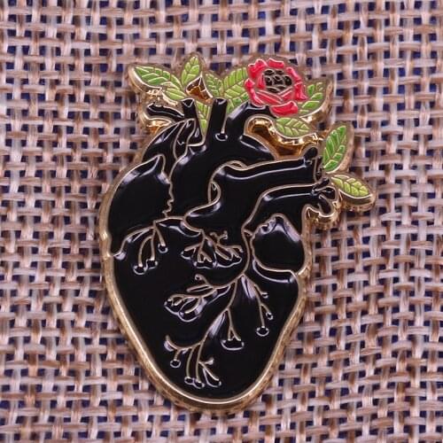 Black Heart Anatomy flower Lapel Pin Badge Anatomical Gothic Gift Enamel pin