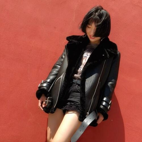 EI BAWN Winter 2019 Genuine Leather Jackets Black Short Shearling Jacket Coat Moto Thick Warm Lamb Sheep Fur Winter Coat