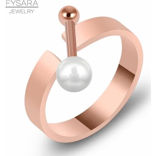 FYSARA Luxury Geometry Dumbbell Pearl Ring For Women Titanium Steel Rose Gold Color Charm Open Finger Rings Ctue Fashion Jewelry