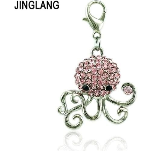 JINGLANG 50pieces/Lot Animal Charms With Lobster Clasp Dangle Pink Rhinestone Octopus DIY Charms For Jewelry Making Accessories