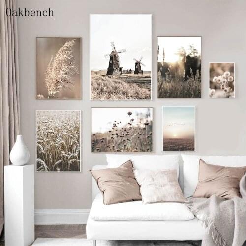 Natural Landscape Canvas Painting Hay Reed Wall Art Print Windmill Sunset Posters And Prints Nordic Bedroom Decoration Paintings