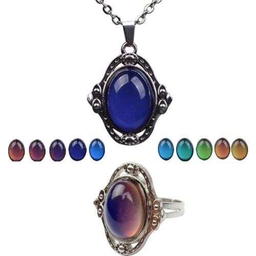 1 Set Ring Vintage Stone Temperature Sensing Mood Emotion Change Color Unique Personality Gifts Retro Antique Pendant