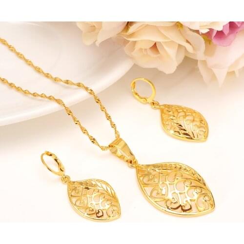 Ethiopian set Jewelry Hollow leafPendant Necklace Earring Gold African Bridal Wedding Jewellery Arab mother girlsgift DIY charms