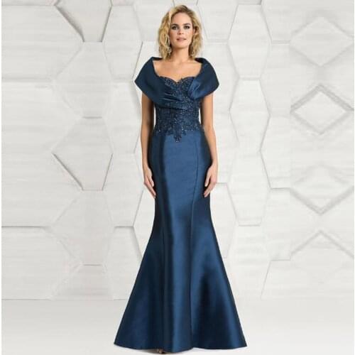 2021 Latest Elegant Mermaid Navy Lace Applique Cap Sleeve Mother of the Bride Dresses Beaded Wedding Guest Gowns Full Length