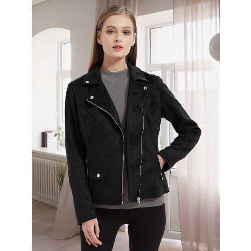 Giolshon Women Long Sleeve Zipper Faux Suede Jackets For Moto Biker Short Coat With 2 Pockets Winter Boyfriend Coat