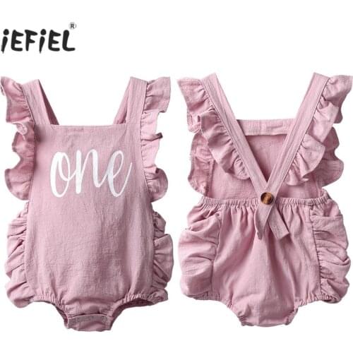 Cute Baby Girl Romper Shoulder Straps Letter Print Ruffle Newborn Clothes Fashion Solid Color Backless One-Piece Romper Jumpsuit