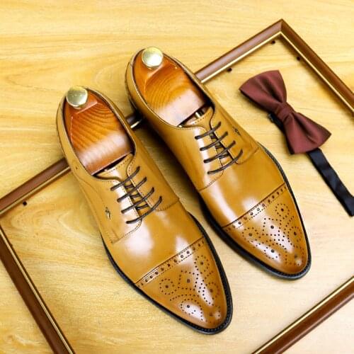 2020 Summer Men Dress Shoes Genuine Leather Office Business Wedding Handmade Mixed Color Brogue Formal Pointed Toe Oxfords Mens
