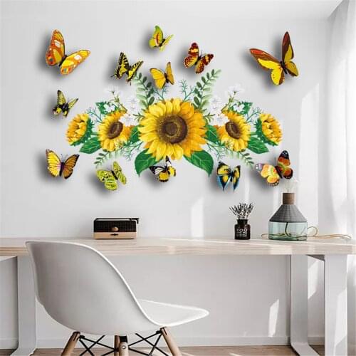 Beautiful Sunflower butterfly 3D wall sticker Set Warm bedroom decor Decals wallpaper home decoration stickers