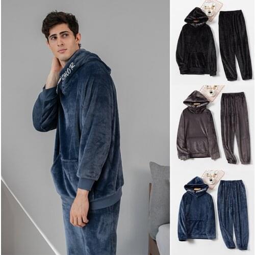 Flannel Men Pajamas Set Thicken Warm Man Winter Pajama Loosen Sweatshirt Hoodies Long Sleeve Pyjamas Soft Homewear Lounge Wear
