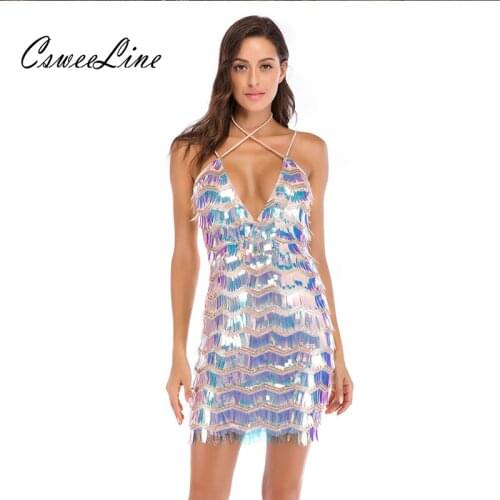 New Trend Strappy V Neck Sexy Sequin Dress Luxury Fashion Bodycon Women Dress Ladies Chic Spaghetti Strrap Nightclub Party Dress