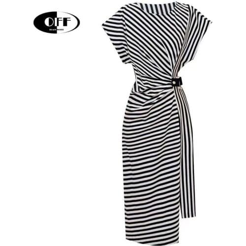 Summer Casual Stripe Midi Dresses for women short sleeve office work OL Korean slim vintage ladies dress clothes femme robes ZA