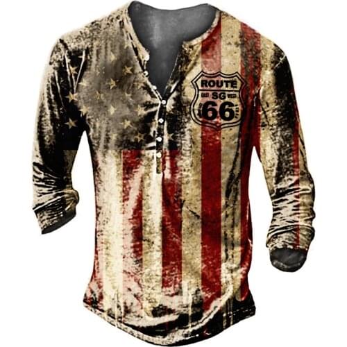 Casual Loose Long Sleeve Tee Mens Vintage Printed Buttoned V-Neck T-shirts For Men 2021 Autumn Fashion Pullover Tops Streetwear