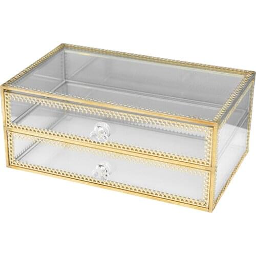 Rectangle Golden Clear Glass Jewelry Display Box Organizer Cosmetic Box