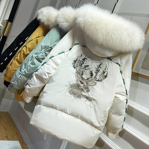 New Womens Down Jacket 2021 Winter Down Coat Female Large Fur Collar Hooded Warm Loose Fashion Lady Outerwear Black