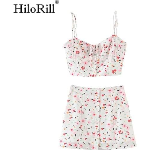 HiloRill Summer Print Two Piece Skirt Set Women Sexy Spaghetti Strap Bow Tie Short Tops Bodycon A Line Skirt Beach Party Sets