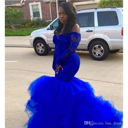 Sexy African Black Girls Royal Blue Mermaid Prom Dresses 2020 Long Sleeve Appliques Lace Tulle Women Long Party Evening Gowns