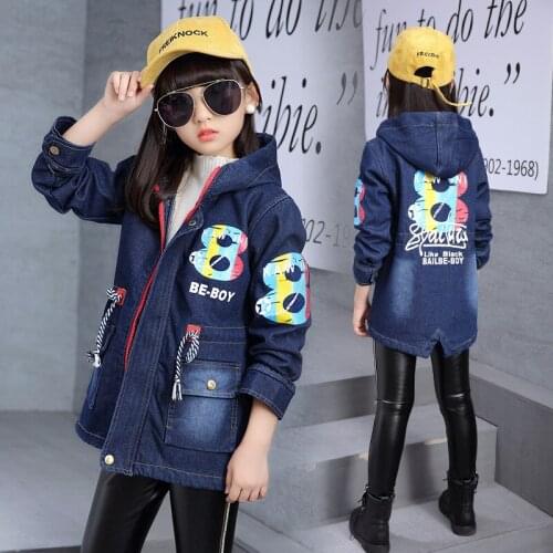 Girls 6-16 Y Winter Autumn Denim Long Sleeve Hooded Fleece Warm Mid-long Coats Fashion Cowboys No. 8 Pattern Windbreak Jackets