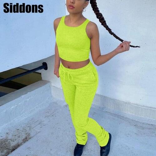 Solid Color 2 Piece Set Women Tracksuit Sleeveless Crop Top & Drawstring Jogger Pants Set Two Piece Suits Lounge Wear